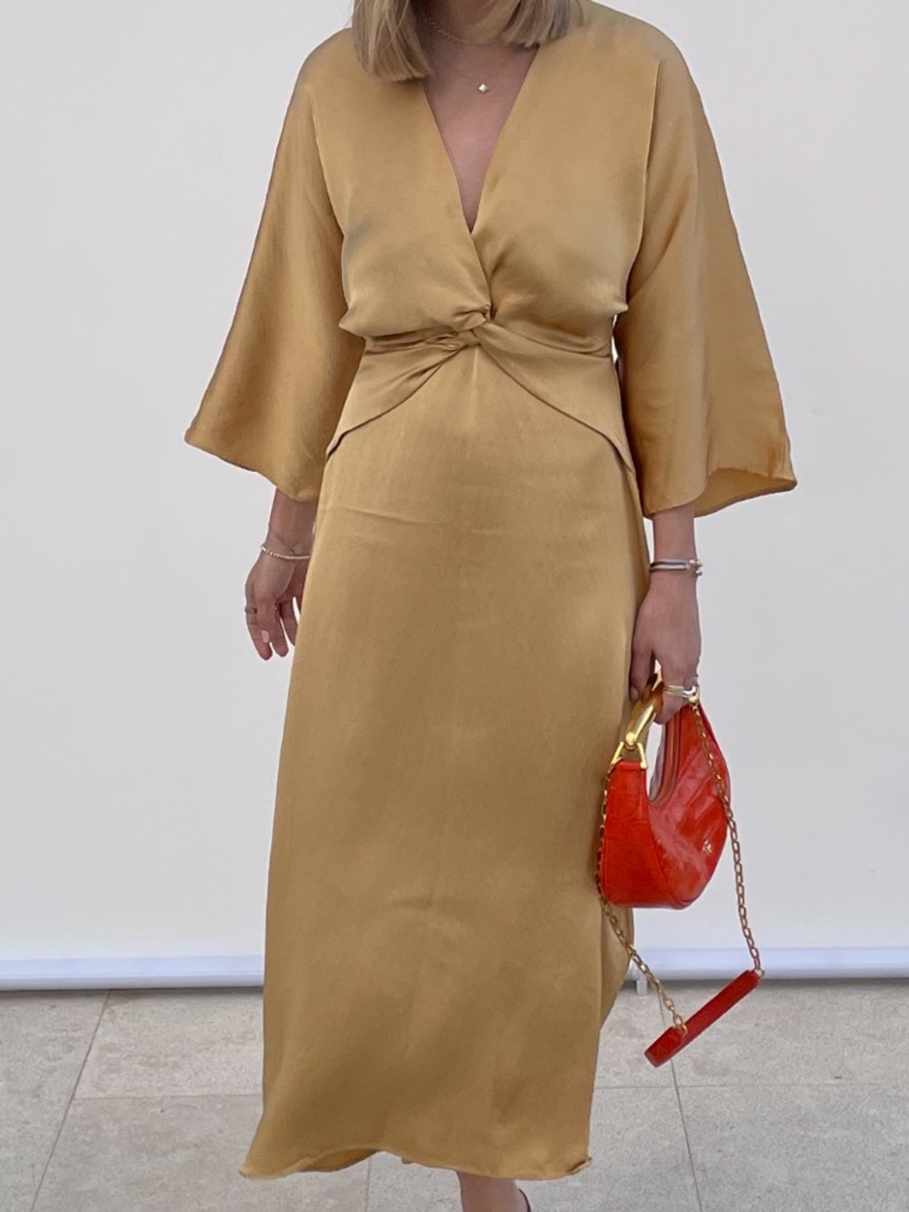 Mustard Satin Twist-Front Midi Dress